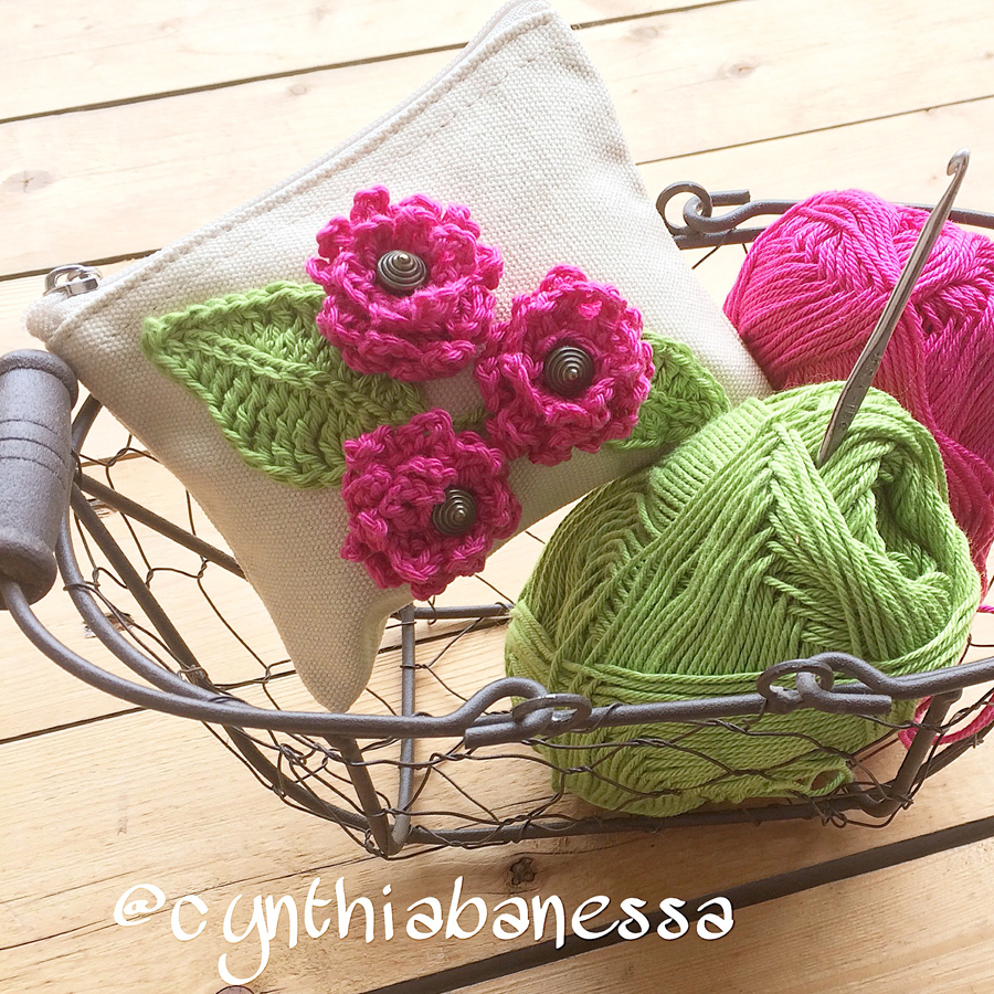 Canvas Pouch with Crochet Flowers 4